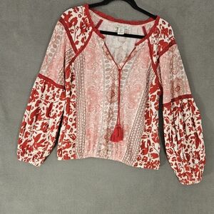 Rachel Zoe Womens Small Shirt Vneck Red Paisley Balloon Long Sleeve Patchwork